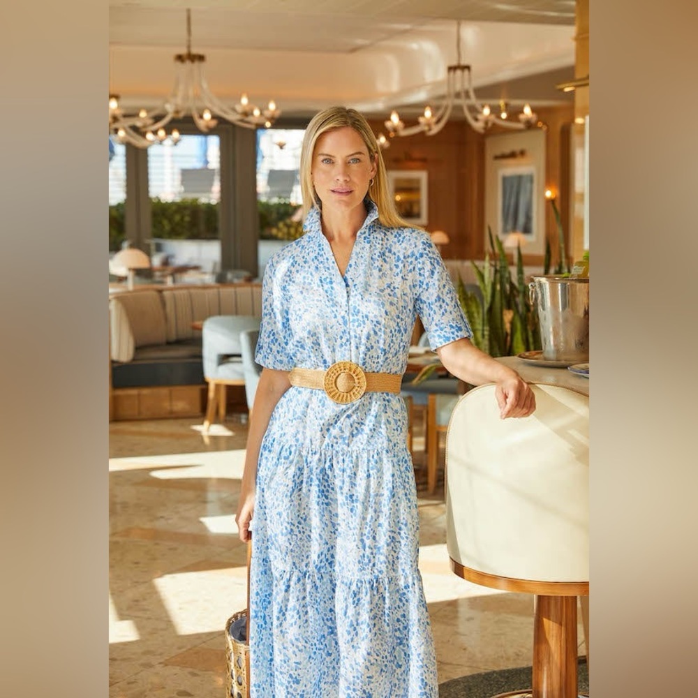 J.McLaughlin Janelle‎ Unlined Silk/Cotton Dress with Pockets in White/Blue.